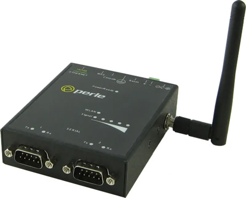 Serveur de périphérique Perle IOLAN SDG2 W noir en vue inclinée montrant ports série LED et antenne latérale