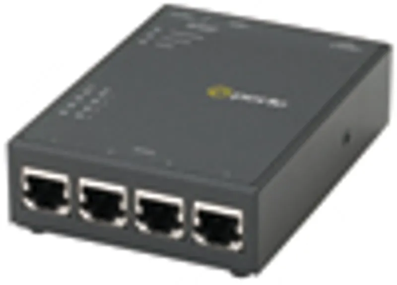 Терминальный сервер Perle IOLAN STG4 с четырьмя портами RJ45 на передней панели и световыми индикаторами на верхней крышке