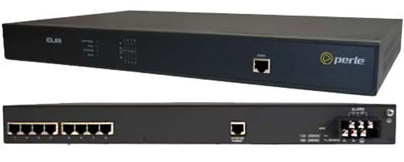 Perle 8-портовый терминальный сервер IOLAN SDS8C HV с передней и задней панелями: индикаторы, 8 последовательных портов