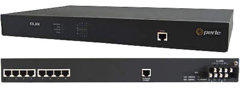 Perle IOLAN SDS8C DHV 8-портовый защищённый консольный сервер с передней и задней панелями, разъёмами RJ45 и индикаторами.