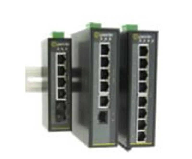 Perle Industrial Ethernet Switch 105GPPS2SC10XT with 8 RJ45 ports, green terminal blocks, and DIN rail mount in a rugged