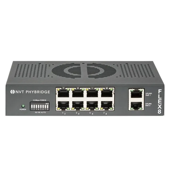 NVT Phybridge FLEX • Switch unmanaged Layer2 • PoE over Multi-Pair UTP • FLEX8 • 8x RJ45 • 2x GbE