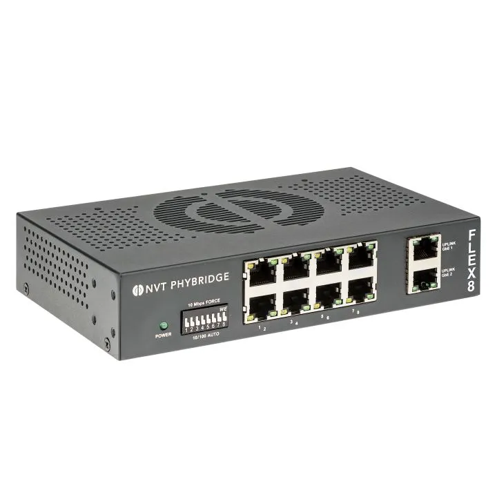 NVT Phybridge FLEX • Switch unmanaged Layer2 • PoE over Multi-Pair UTP • FLEX8 • 8x RJ45 • 2x GbE