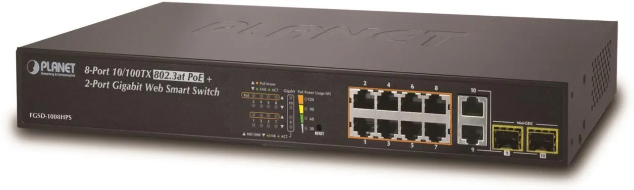 PLANET 8-Port 10/100TX 802.3at PoE + 2-Port Gigabit TP/ SFP