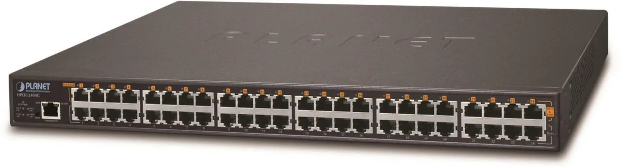 Switch di rete PLANET HPOE-2408G 24 porte Gigabit PoE+ con uplink e LED di stato in vista frontale angolata.