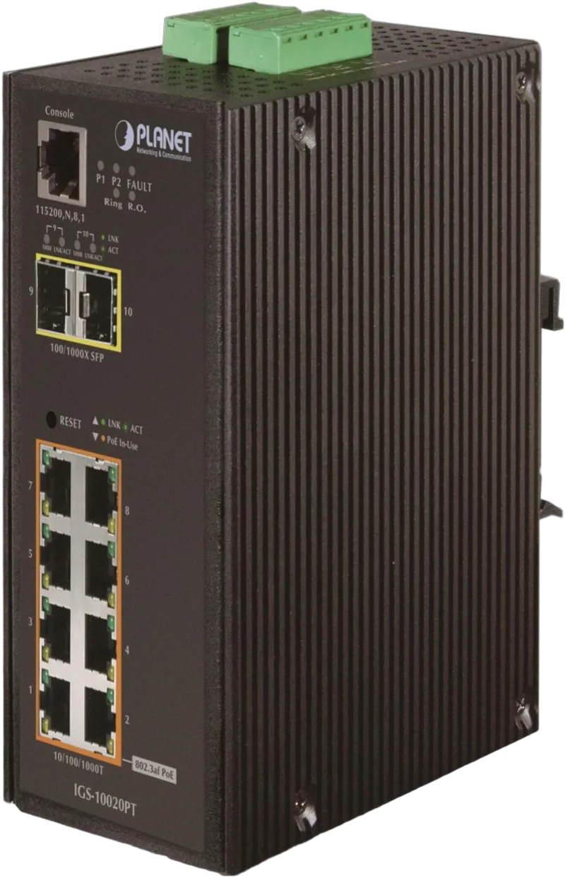 PLANET Industrial 8-Port 10/100/1000T 802.3af PoE + 2