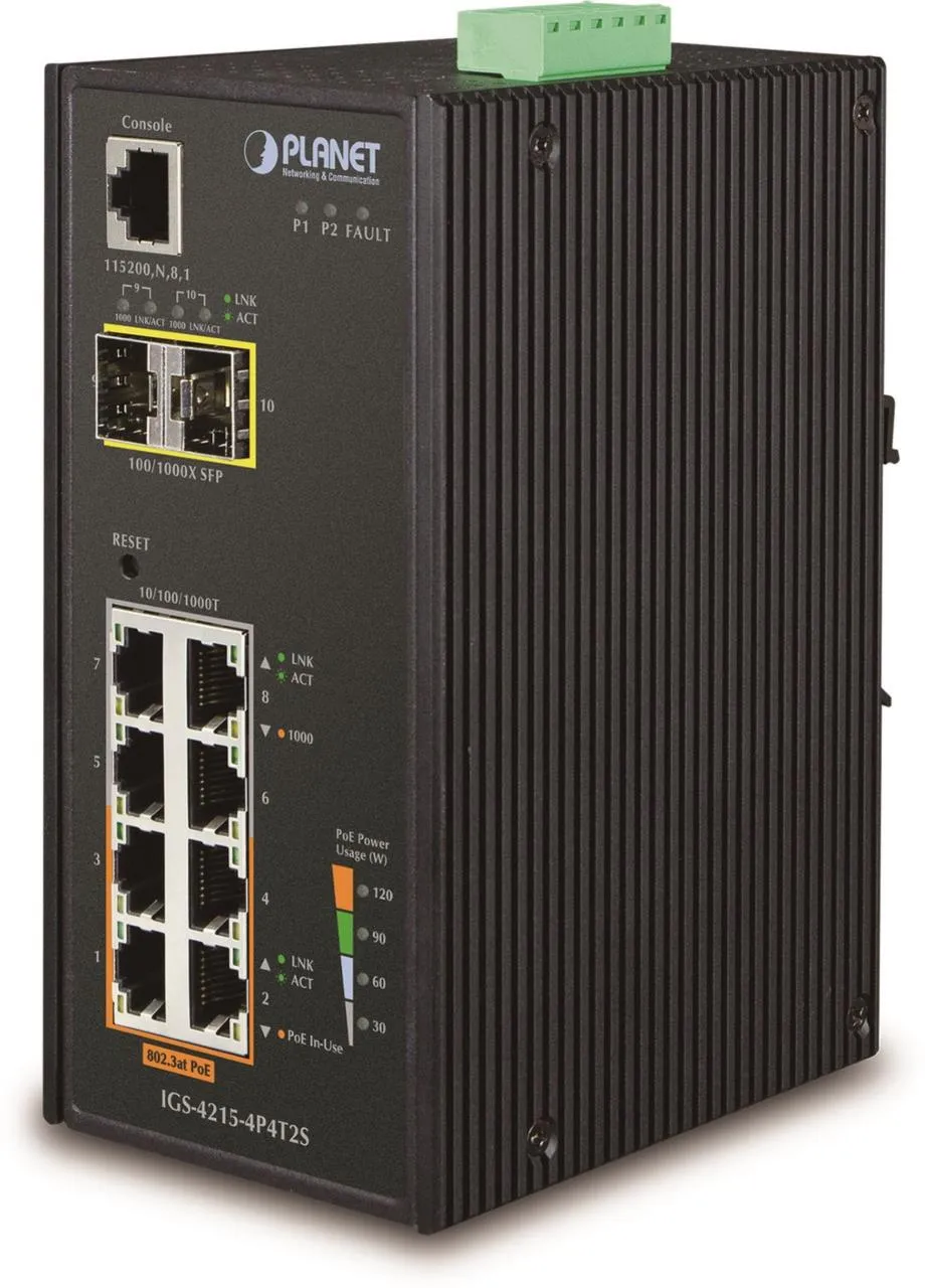 PLANET IGS-4215-4P4T2S Industrie-PoE-Switch mit 4 Gigabit-PoE-Ports und 4 Gigabit-Ports in schwarzem Gehäuse mit