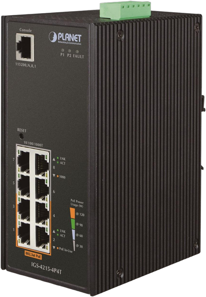 PLANET Industrial 4-Port 10/100/1000T 802.3at PoE + 4-Port