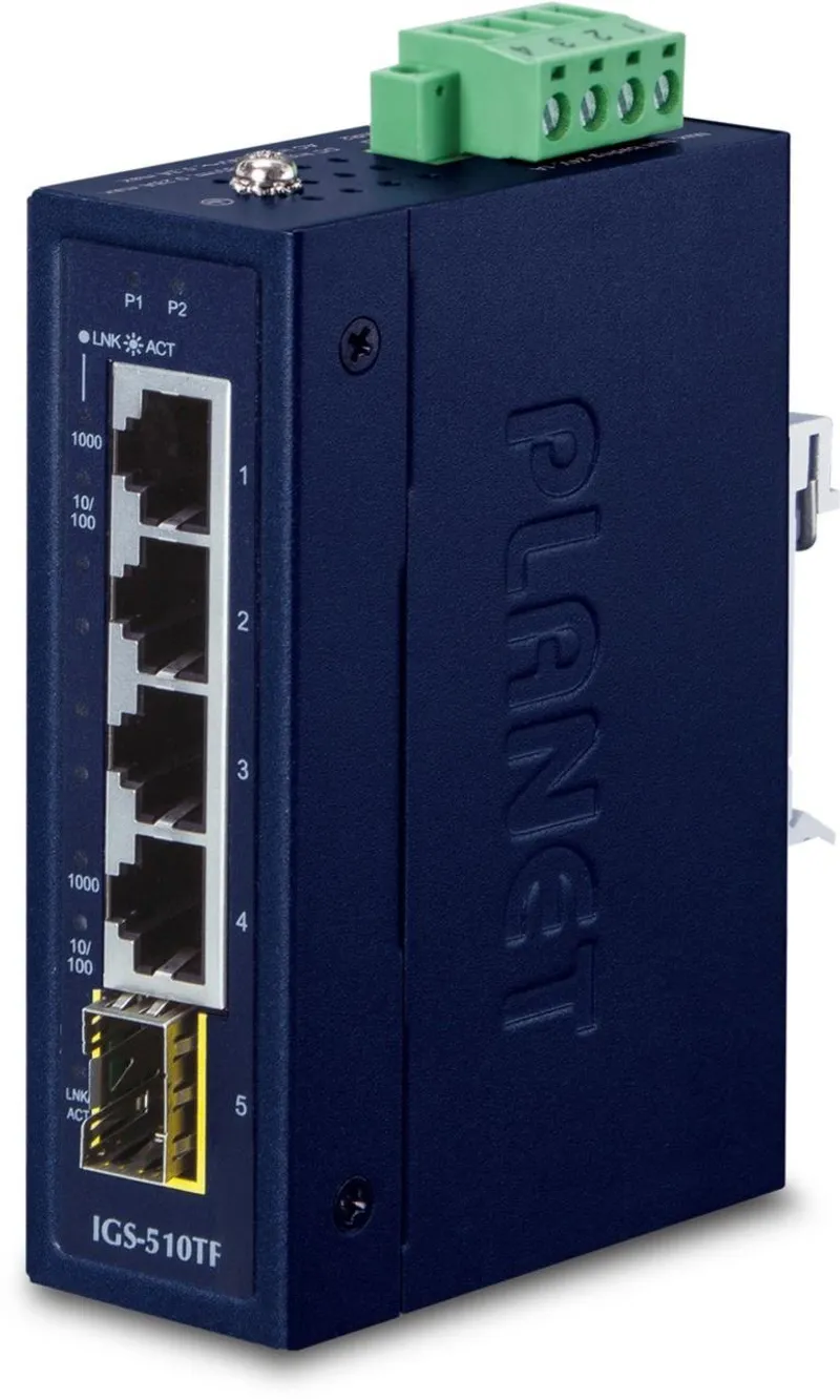 Промышленный коммутатор PLANET IGS-510TF с 4 портами GE и SFP слотом на фоне сетевого оборудования для надежного подключения.