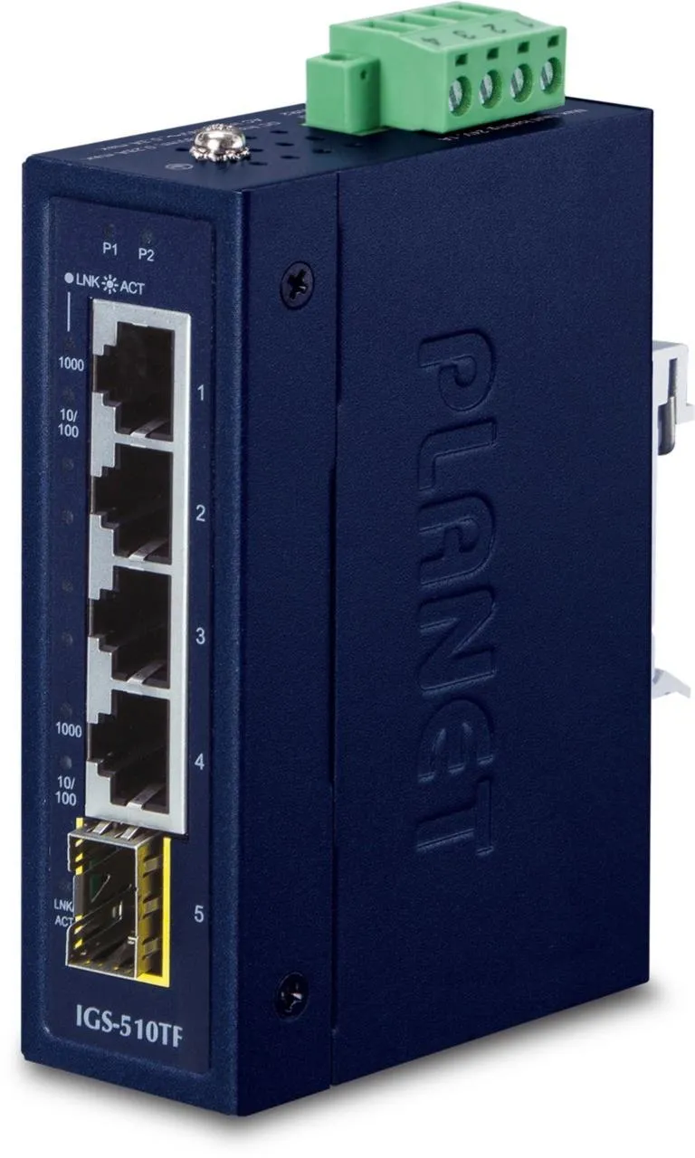 Промышленный коммутатор PLANET IGS-510TF с 4 портами GE и SFP слотом на фоне сетевого оборудования для надежного подключения. Промышленный коммутатор PLANET IGS-510TF с 4 портами GE и SFP слотом на фоне сетевого оборудования для надежного подключения.