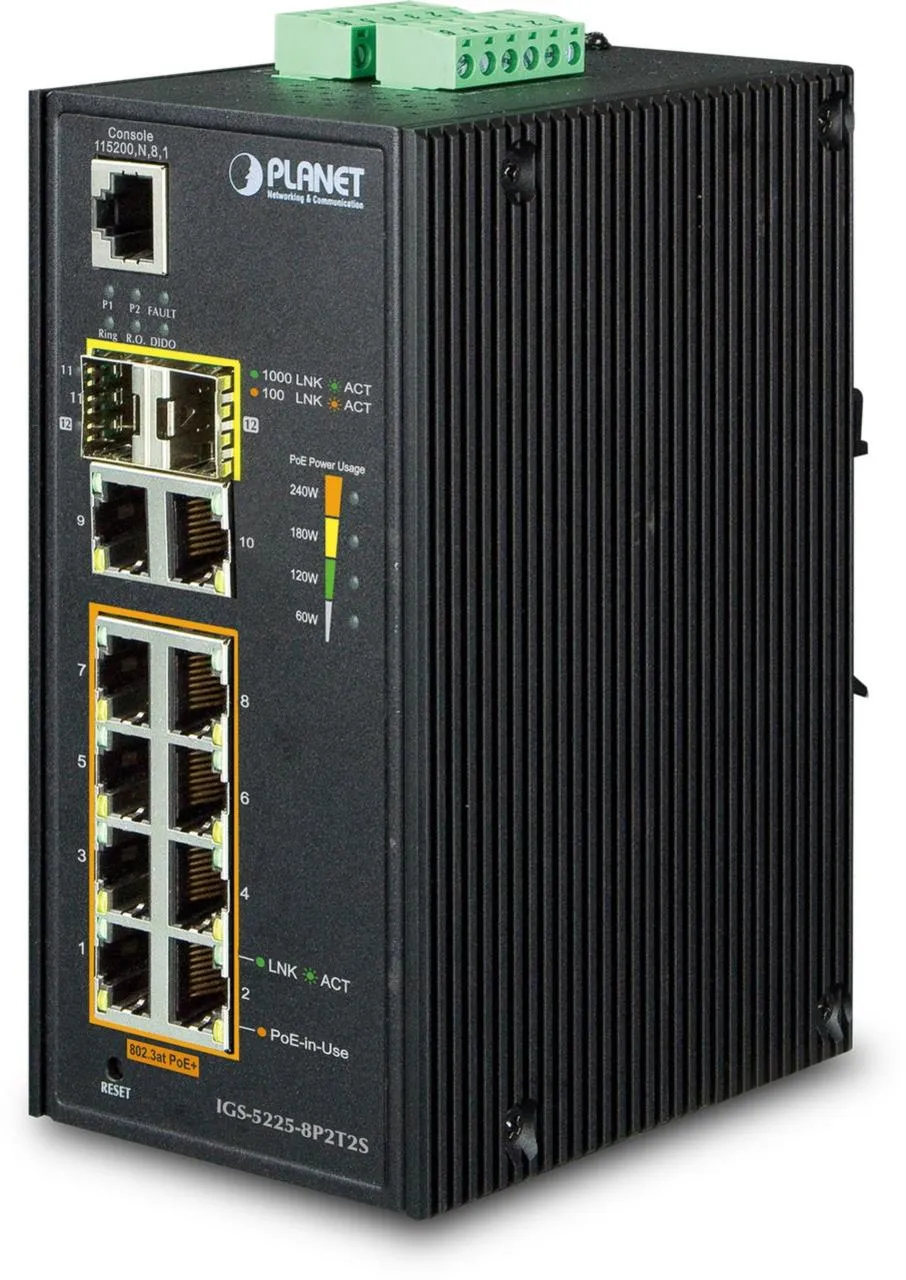Коммутатор PLANET IGS-5225-8P2T2S с 8 портами PoE+ и 2 SFP слотами на чёрном металлическом корпусе с индикаторами и Коммутатор PLANET IGS-5225-8P2T2S с 8 портами PoE+ и 2 SFP слотами на чёрном металлическом корпусе с индикаторами и
