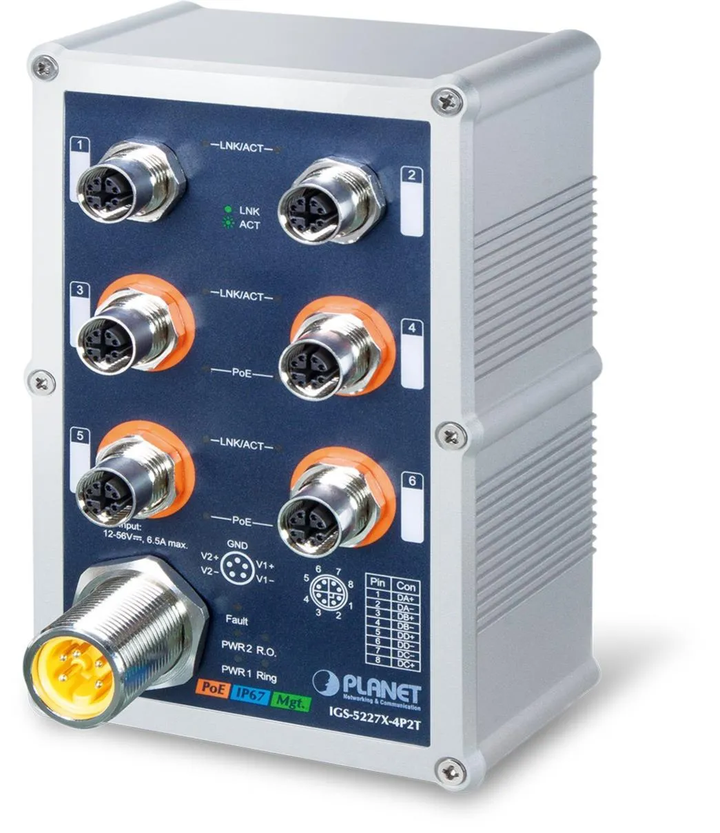 Switch PLANET M12 4-Port PoE+ con 6 conectores M12 numerados y anillos naranjas en puertos 3-6 para redes industriales