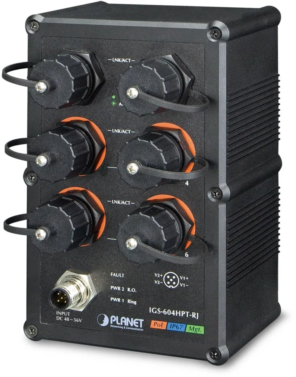 PLANET IGS-604HPT-RJ industrial gigabit PoE switch with 4 orange-ringed RJ45 ports, DC power input, and status LEDs in a