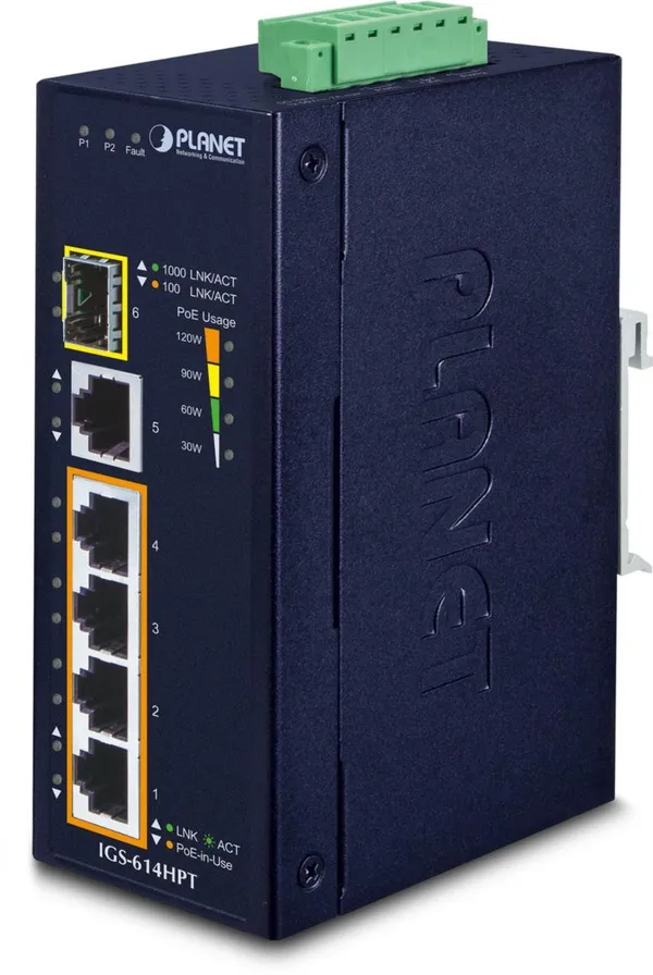 PLANET Industrial 4-Port PoE Switch +1xGE + 1xSFP IGS-614HPT