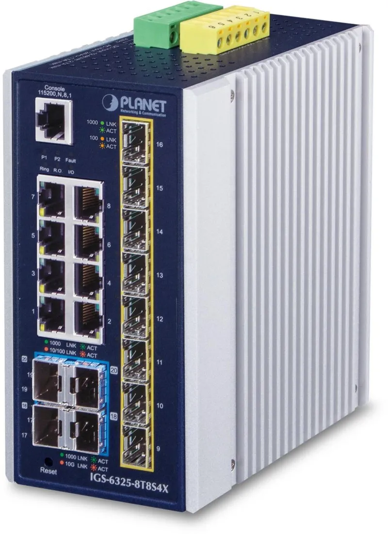 Switch industrial PLANET IGS-6325-8T8S4X con 8 puertos GE, 8 SFP 2.5G y 4 SFP+ 10G en carcasa metálica azul y plateada para