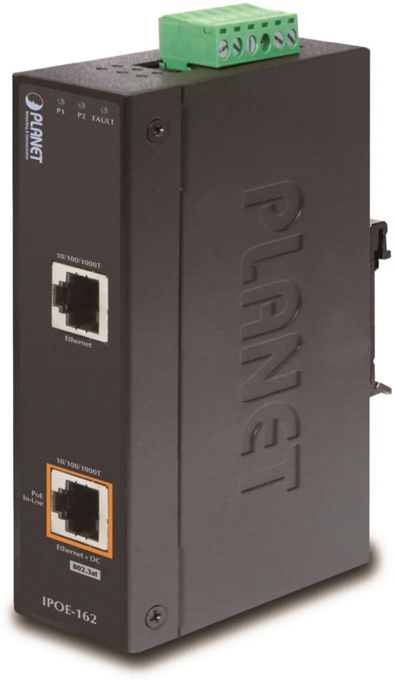Iniettore PoE industriale PLANET IEEE 802.3at ad alta potenza, dispositivo nero con porte RJ45, LED di stato e connettore a