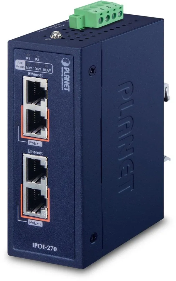 PLANET Industrial 2-Port GE 802.3bt PoE++ Injector Hub (12V)