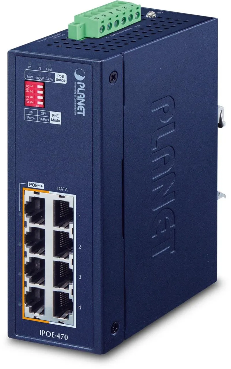Промышленный PoE++ инжектор PLANET с 4 портами GE, вид спереди сбоку: 4 PoE++ и 4 LAN-порта, DIP-переключатели, индикаторы