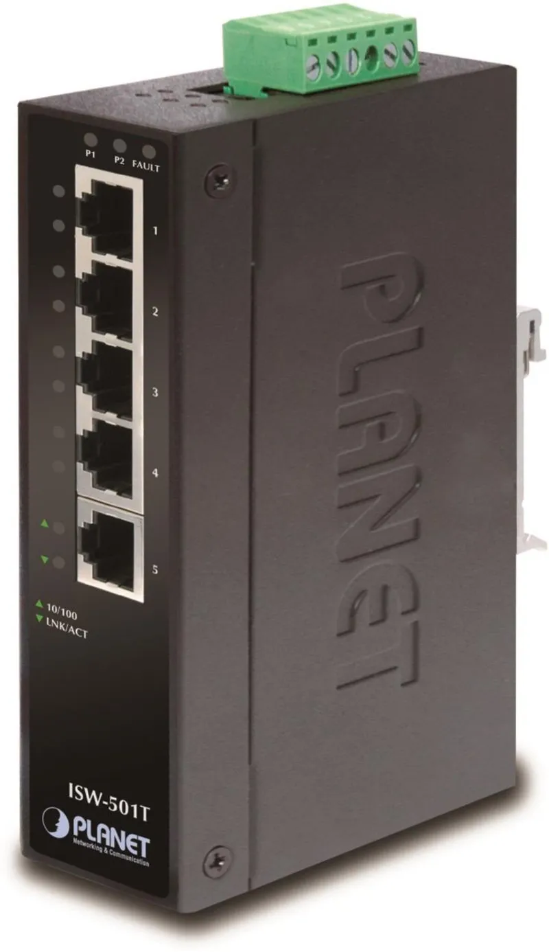 PLANET 5-Port Industrial Fast Ethernet Switch with five numbered RJ45 ports, LED indicators, terminal block, and DIN rail