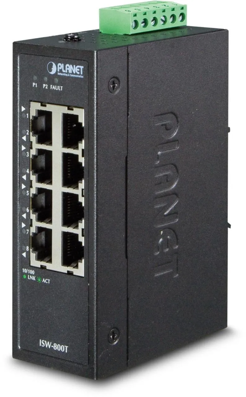 Switch industriale PLANET ISW-800T 8 porte 10/100TX compatto con LED di alimentazione e stato porte RJ45 in ambiente Switch industriale PLANET ISW-800T 8 porte 10/100TX compatto con LED di alimentazione e stato porte RJ45 in ambiente