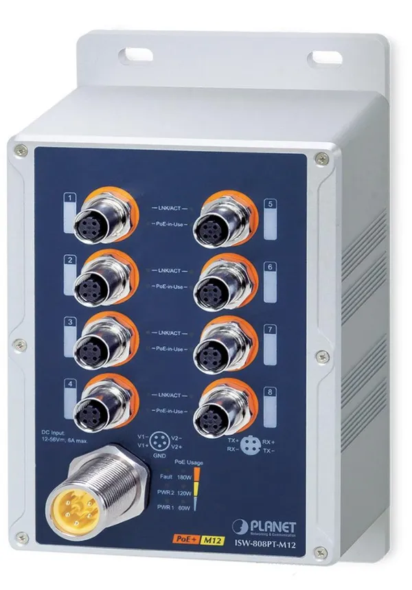 PLANET Industrial 8-Port M12. 4pin 802.3at PoE+ Switch
