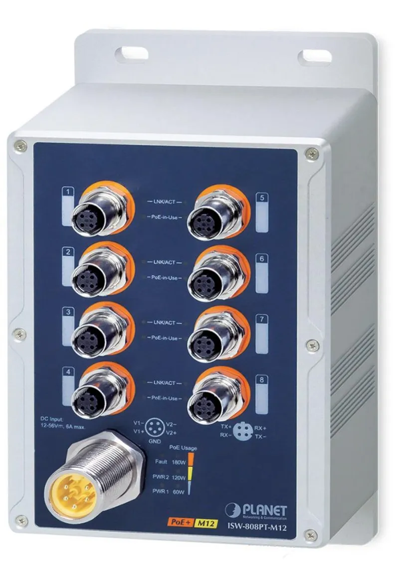 PLANET Industrial 8-Port M12. 4pin 802.3at PoE+ Switch