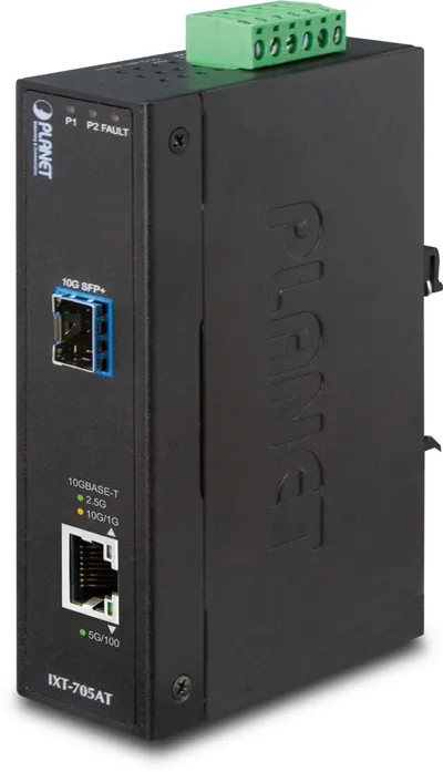 Convertitore industriale PLANET IXT-705AT nero con porta 10GBASE-T RJ45, slot SFP+ 10G, LED di stato e staffe DIN rail per Convertitore industriale PLANET IXT-705AT nero con porta 10GBASE-T RJ45, slot SFP+ 10G, LED di stato e staffe DIN rail per