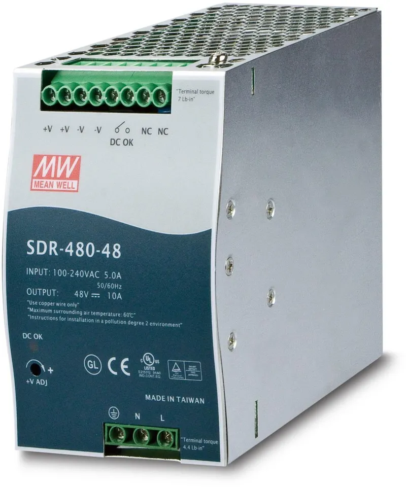 Блок питания PLANET SDR-480-48 48В 480Вт для DIN-рейки с синей передней панелью, зелёными клеммами и маркировкой MEAN WELL