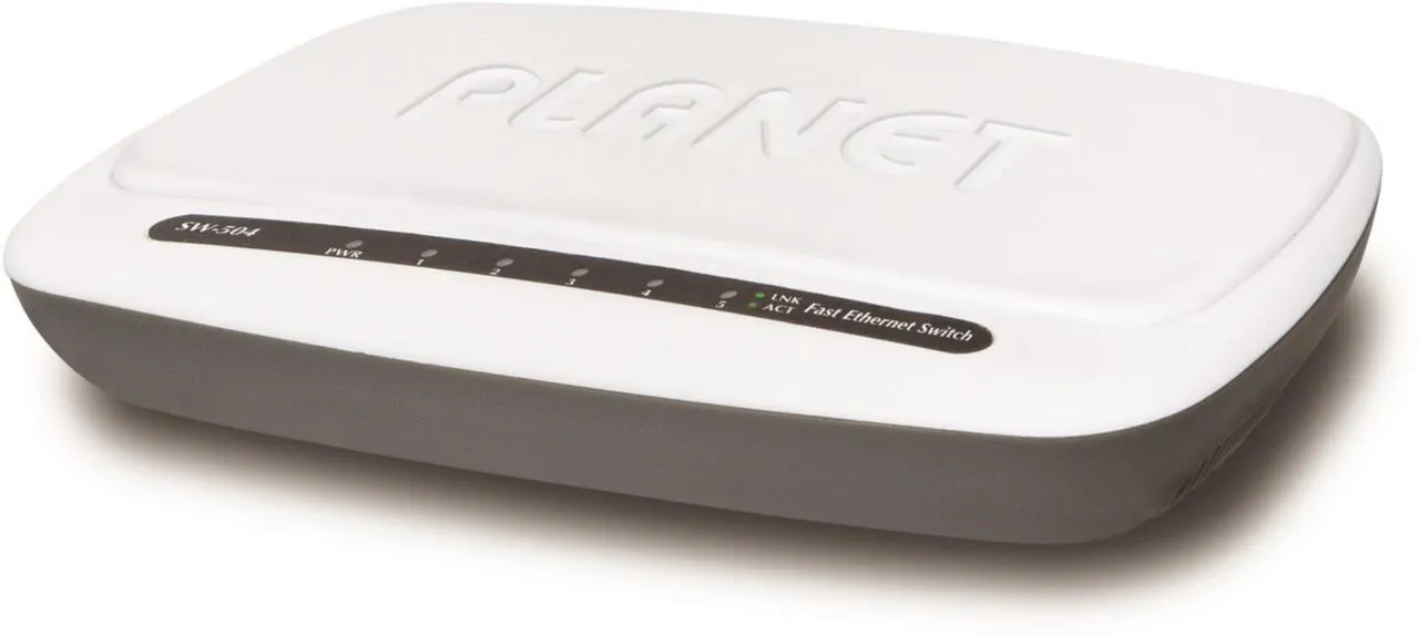 Conmutador Ethernet PLANET SW-504 de 5 puertos 10/100Base-TX en carcasa blanca y gris con LEDs de estado para alimentación Conmutador Ethernet PLANET SW-504 de 5 puertos 10/100Base-TX en carcasa blanca y gris con LEDs de estado para alimentación