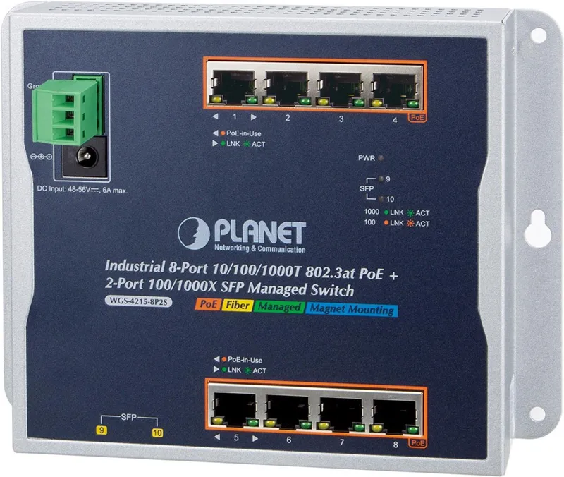 PLANET Industrial 8-Port 10/100/1000T 802.3at PoE + 2-Port