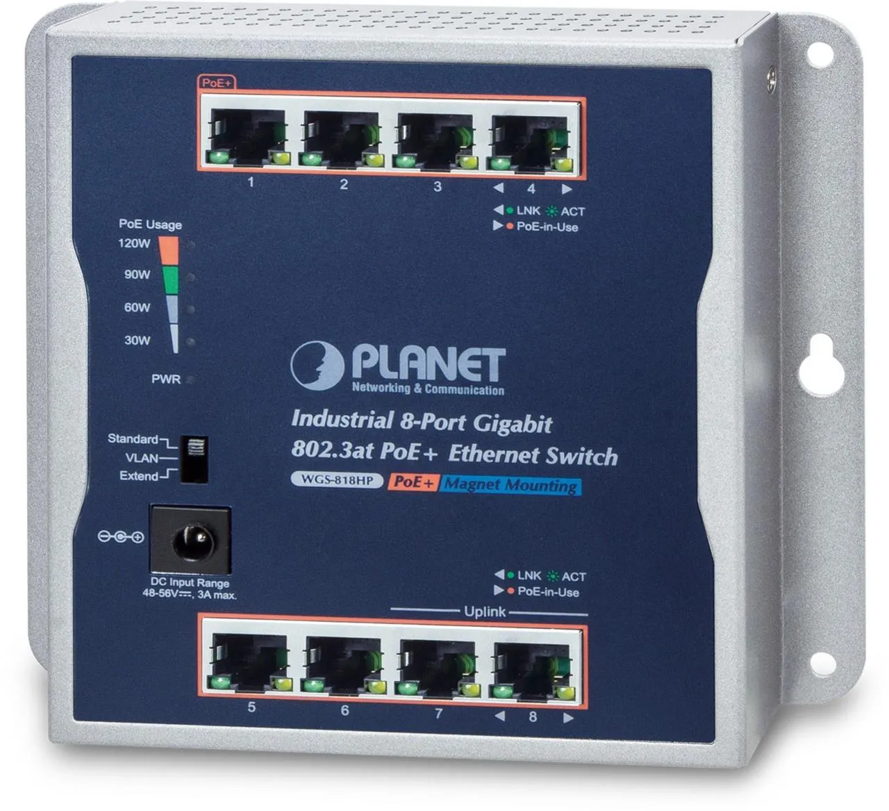 Planet WGS-818HP IP30 Industrial 8-Port 10/100/1000T 802.3at PoE+ Wall-mount Gigabit Switch (120W PoE Budget, Standard/VLAN/Extend mode, fanless, -20 to 60 C) Planet WGS-818HP IP30 Industrial 8-Port 10/100/1000T 802.3at PoE+ Wall-mount Gigabit Switch (120W PoE Budget, Standard/VLAN/Extend mode, fanless, -20 to 60 C)