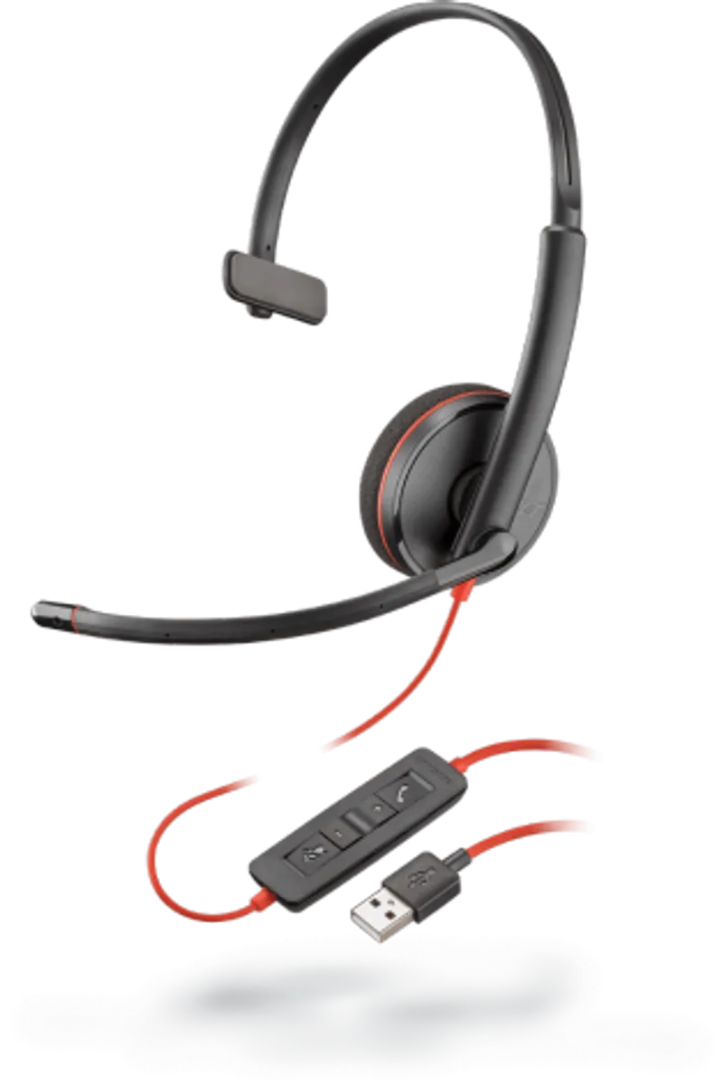 Черные наушники Poly Headset Blackwire C3220 с регулируемой дужкой, гибким микрофоном и красным кольцом на чашке,