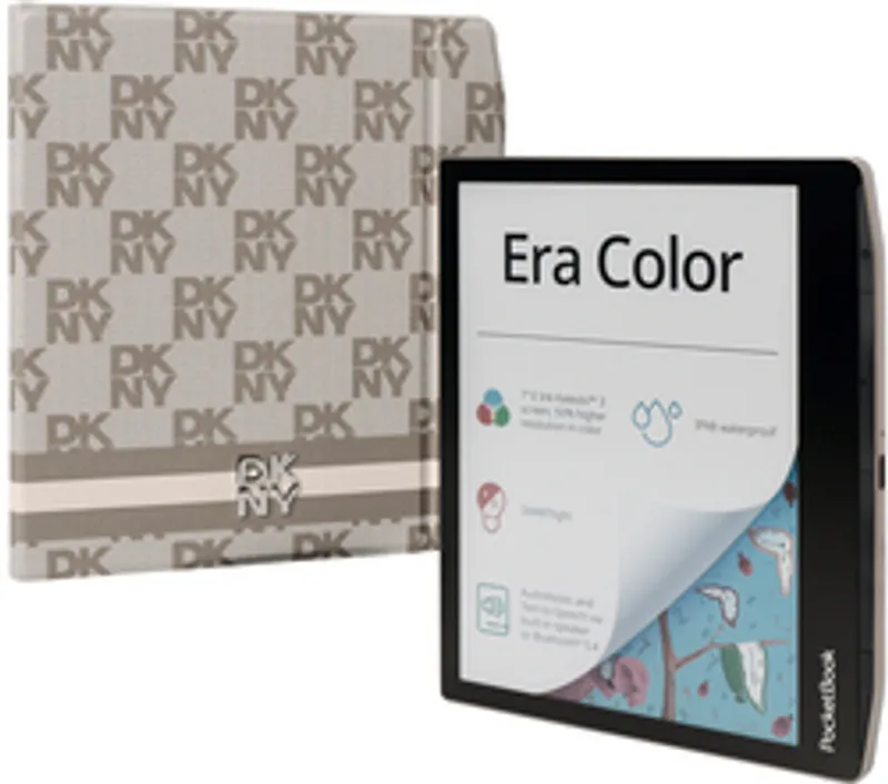 Комплект PocketBook Era Color Bundle DKNY в оттенке Smoky Beige с чехлом в монограмму DK и чёрным ридером с экраном E Ink