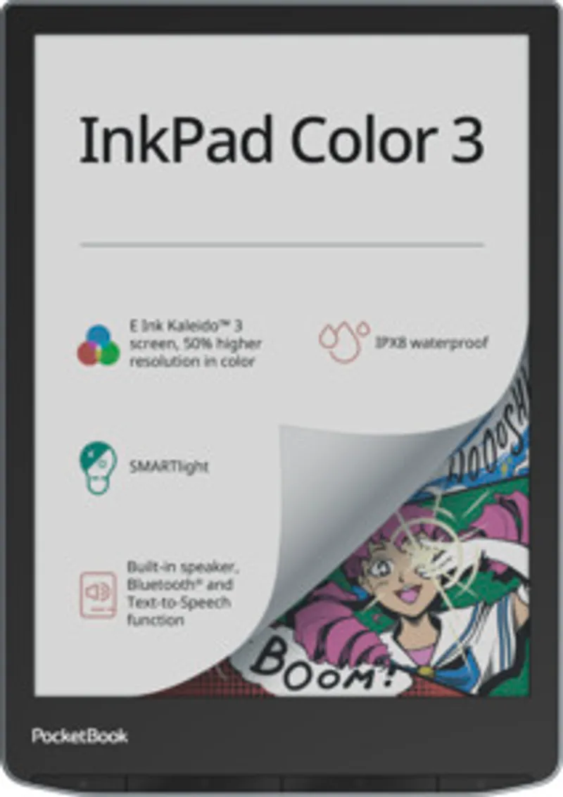 PocketBook InkPad Color 3 Stormy Sea e-reader in dark grey with front screen showing E Ink Kaleido 3, waterproofing,