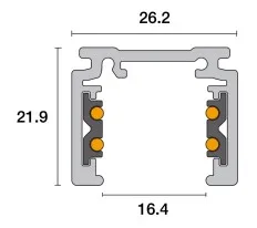 Guida DIN Powergear 48V AUFBAUSCHIENE nera da 2 metri con sezione tecnica dettagliata dimensioni 26,2x21,9x16,4 mm e clip
