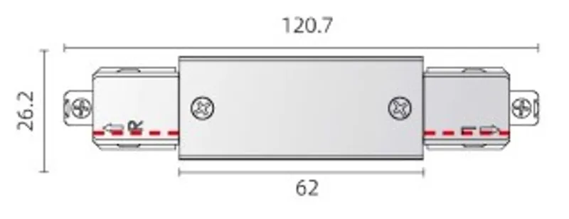 Белый прямой соединитель Powergear Mini 1PH с техническим чертежом размеров 120,7х26,2 мм для электромонтажа.