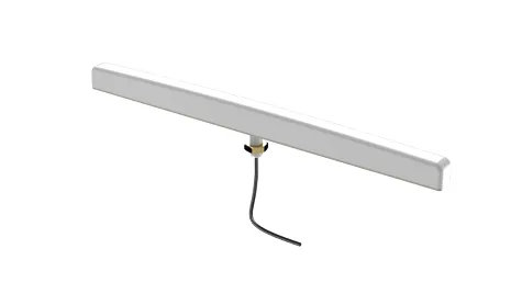 Antenne Poynting A-DASH-0003-V1 blanche LTE/GSM ultra-plate pour compteurs intelligents, vue en 3D avec câble SMA doré.