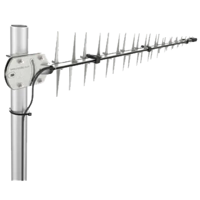 Poynting A-LPDA-0092-LTE SET silberne 5G/LTE-Mastantenne mit 2x 11dBi an Metallmast montiert und SMA-Stecker angeschlossen.