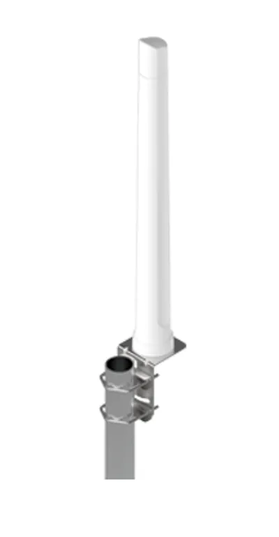 Poynting 5G/LTE-Marineantenne A-OMNI-0293-V1-01 weiß mit N-Type-Anschluss, vertikal an grauem Mast mit U-Bolzen befestigt.