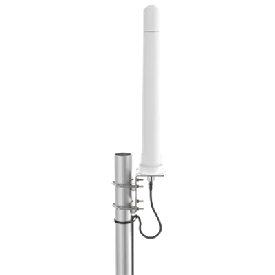 Poynting A-OMNI-0294-V1-01 Wi-Fi-Antenne 8,5 dBi mit 2m Kabel an silbernem Mast montiert mit Halterungen.