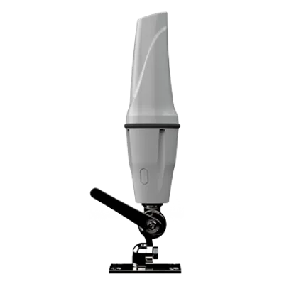 Weiße Poynting A-OMNI-0404-V1-01 5G/LTE-Marineantenne mit 2 dBi Rundstrahl, seitlich an schwarzer Montagehalterung mit Weiße Poynting A-OMNI-0404-V1-01 5G/LTE-Marineantenne mit 2 dBi Rundstrahl, seitlich an schwarzer Montagehalterung mit