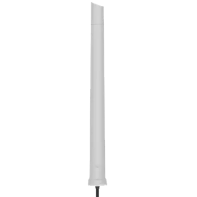 Weiße Ultra-Wide-Omni LTE-Antenne A-OMNI-0600-V2 mit 6,2 dBi, vertikaler Stab mit schwarzem SMA-Kabel auf weißem Weiße Ultra-Wide-Omni LTE-Antenne A-OMNI-0600-V2 mit 6,2 dBi, vertikaler Stab mit schwarzem SMA-Kabel auf weißem
