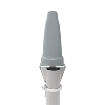 Graue Poynting A-OMNI-0706-V1-01 Wi-Fi-Antenne mit konischer Spitze auf weißem Mast mit Metallhalterung für M2M-Anwendungen. Graue Poynting A-OMNI-0706-V1-01 Wi-Fi-Antenne mit konischer Spitze auf weißem Mast mit Metallhalterung für M2M-Anwendungen.