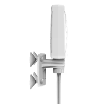 Poynting A-XPOL-0001-V2-21, antenne 5G/LTE blanche montée sur support à ventouses, câble gris sortant de la base.