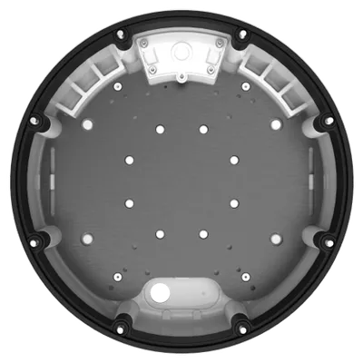 Swirl Base Montageplatte von hinten mit grauer Metallfläche, Schraublochraster, schwarzem Außenring und weißen Swirl Base Montageplatte von hinten mit grauer Metallfläche, Schraublochraster, schwarzem Außenring und weißen
