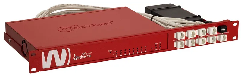 Rotes WatchGuard Firebox T80/T85 Rackmount-Kit mit LED-Anzeigen, Ethernet-Ports und USB-Anschluss in