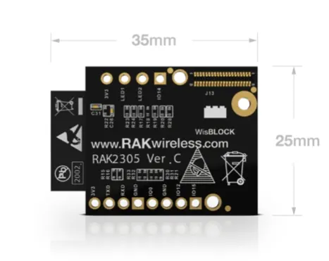 RAK Wireless LoRa WisBlock Interface Wi-Fi Modul RAK2305, schwarzes rechteckiges Leiterplattenboard mit goldfarbenen RAK Wireless LoRa WisBlock Interface Wi-Fi Modul RAK2305, schwarzes rechteckiges Leiterplattenboard mit goldfarbenen