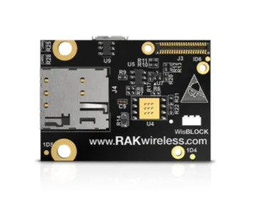 Modulo interfaccia NB-IoT RAK5860, vista dall'alto di una scheda circuitale nera con slot SIM argentato, fori di montaggio Modulo interfaccia NB-IoT RAK5860, vista dall'alto di una scheda circuitale nera con slot SIM argentato, fori di montaggio