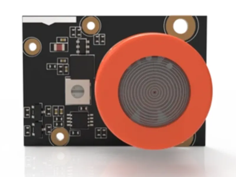RAK Wireless LoRa WisBlock MQ3 GAS Sensor RAK12009, black circuit board with orange circular gas sensor component and grey