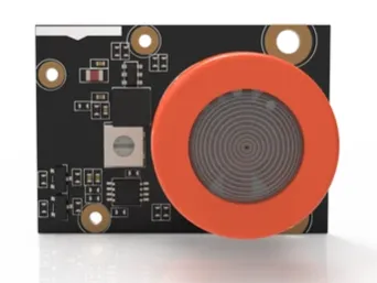 RAK Wireless LoRa WisBlock MQ3 GAS Sensor RAK12009, black circuit board with orange circular gas sensor component and grey RAK Wireless LoRa WisBlock MQ3 GAS Sensor RAK12009, black circuit board with orange circular gas sensor component and grey